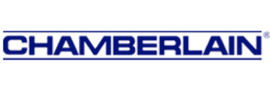 Logo for Chamberlain with blue lettering and a line on top and bottom of the logo.