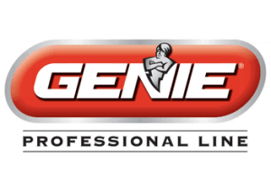 Genie garage door opener logo with a oval shape and white lettering with a red background and a gray border.
