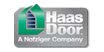Haas Door logo with silver background and green garage door icon on the left of the logo.
