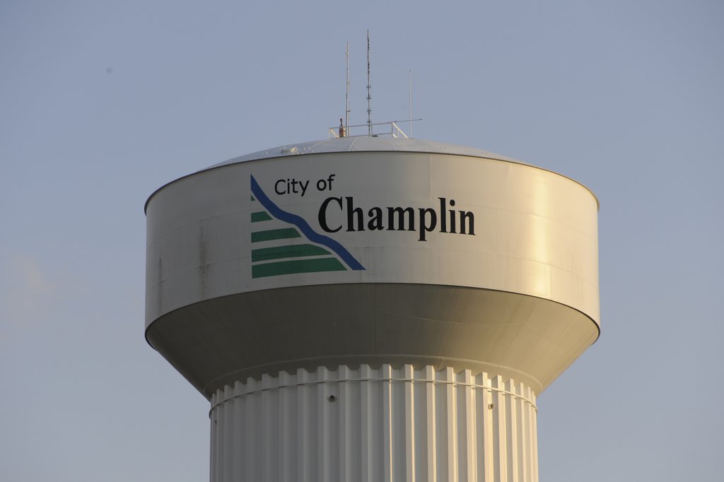 city of champlin white water tower with a clear sky in the background
