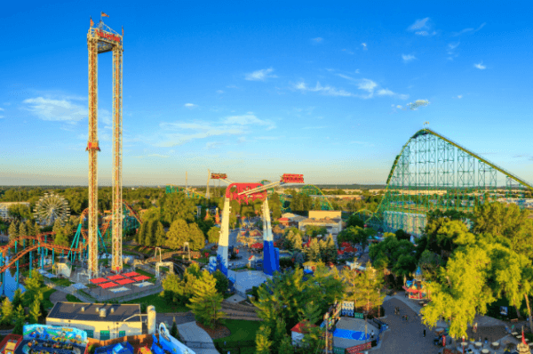 Valley Fair from the outside with a view of power tower & the wild thing-Aerial view.
